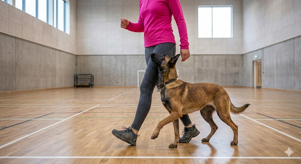 Belgian Malinois competing in heelwork at a competition hall