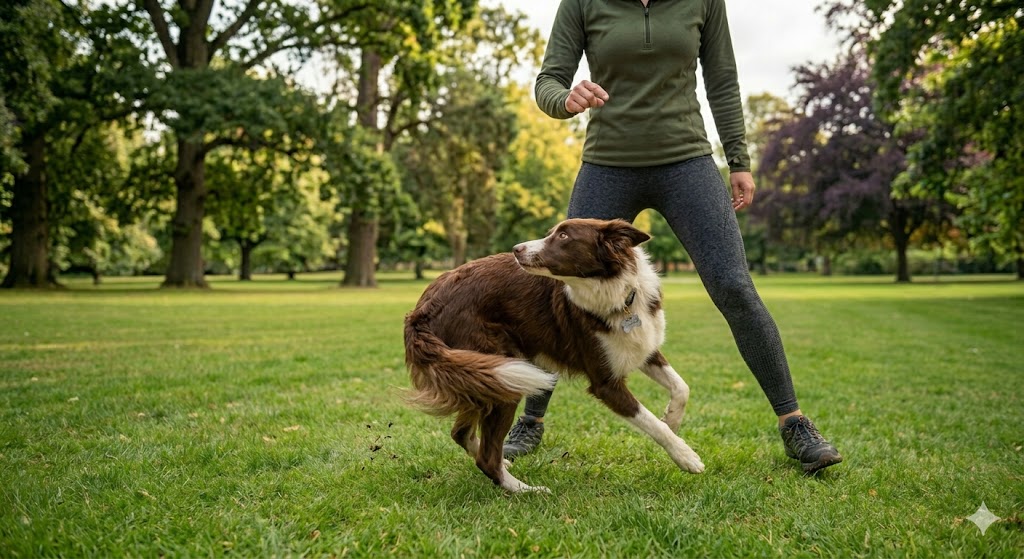 Red Border Collie performing a twist at a park event