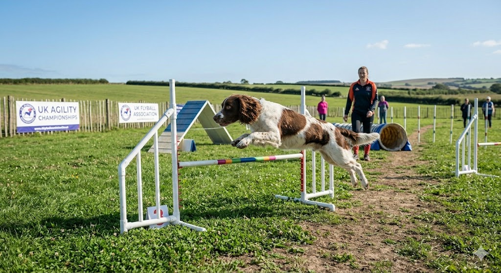 Spaniel competing in agility